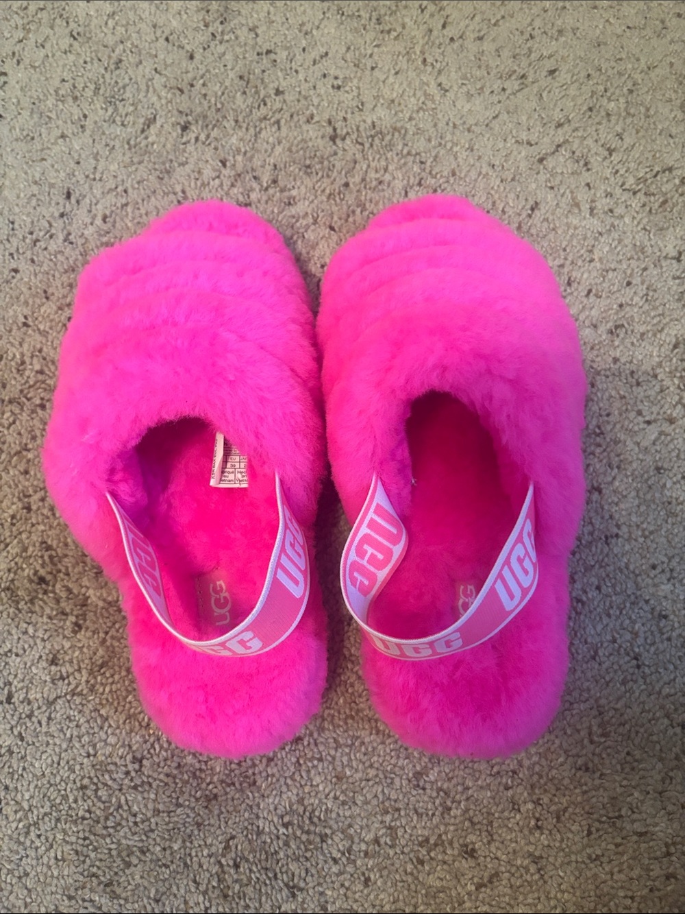 UGG Women's Neon Pink Plush Slide Sandals with Branded Heel Strap